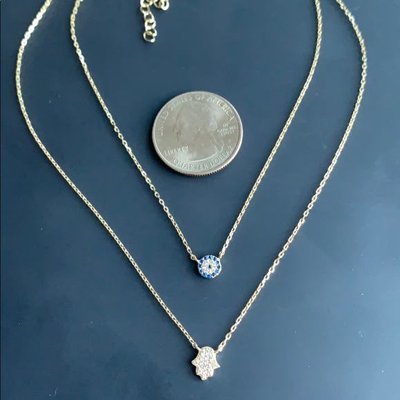925 Layered Hamsa and Evil Eye Necklace Pave Gold - Picture 3 of 4